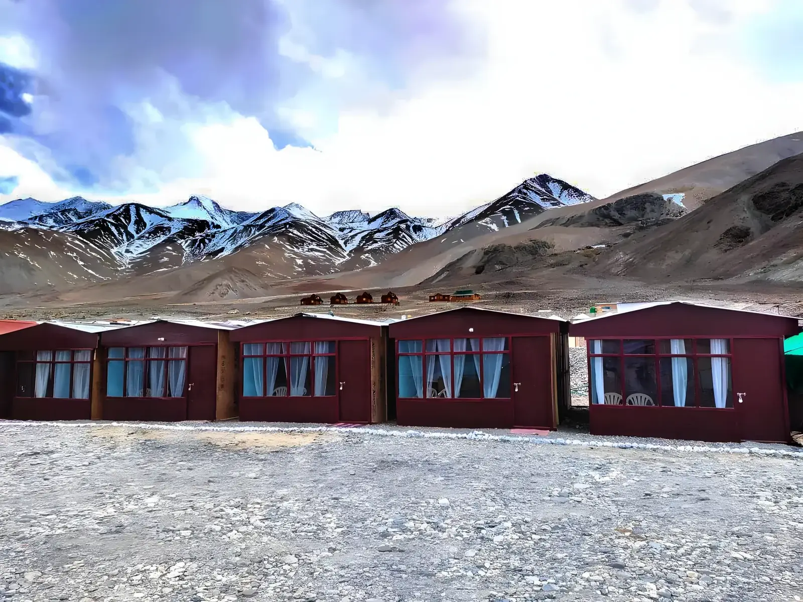 Pangong Delight Camps & Cottages — Snow peaks, cottage doors